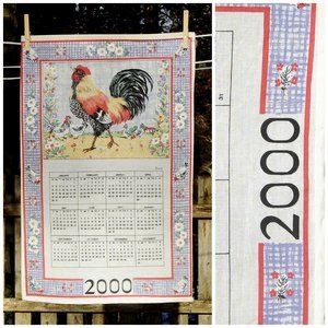 VTG 2000 Farmyard Rooster Calendar Towel Blue Check Border Birthday Farmcore